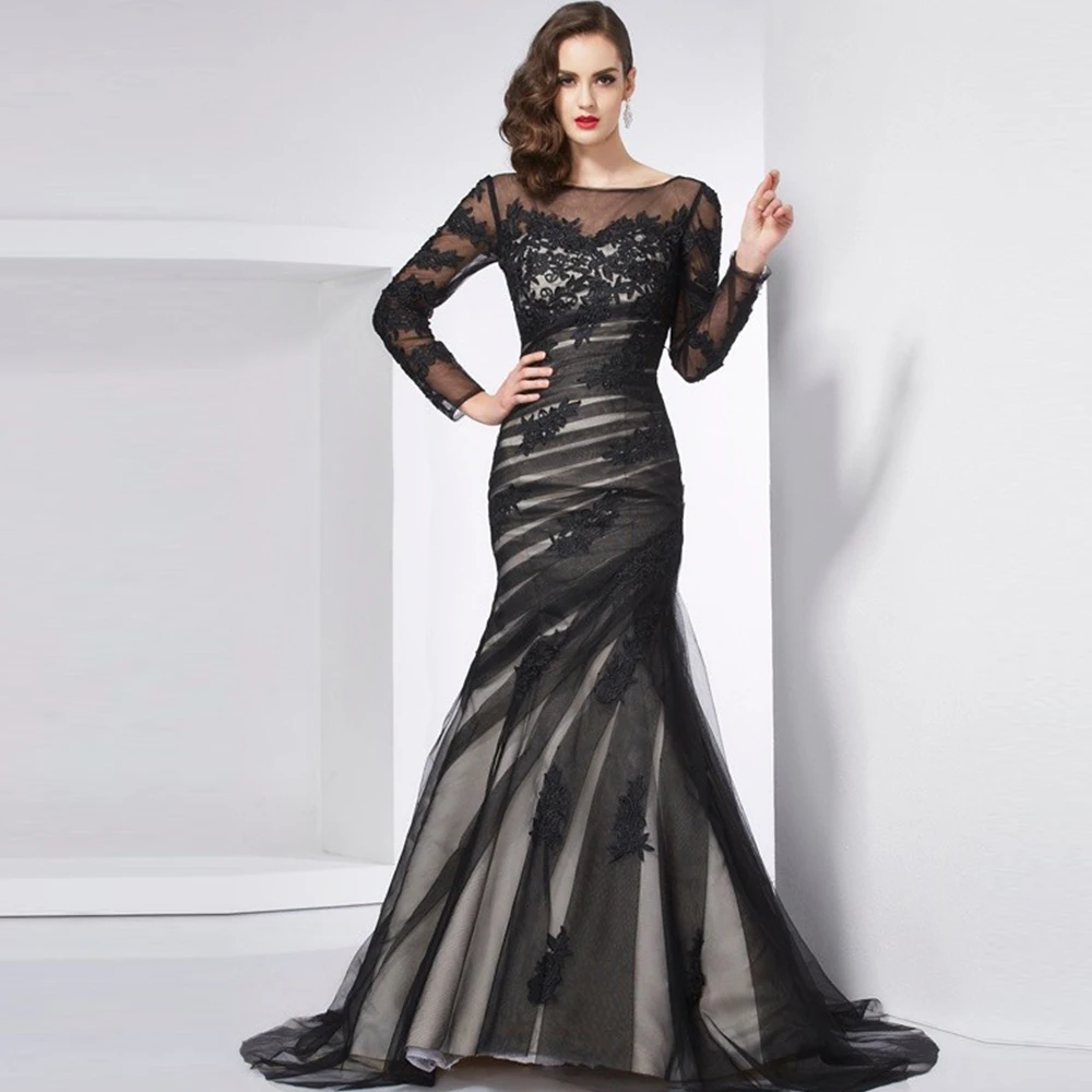 

Elegant Mermaid Mother Of The Bride Dresses 2022 Flower With Applique Backless Formal Party Gown Long Sleeves Scoop Neck Vestido