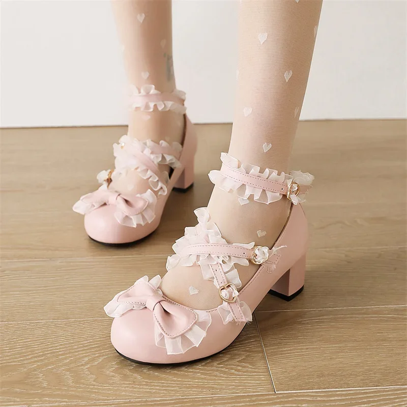 

2023 US4-10.5 Mary Janes Pumps Womens Round Toe Bowknot Lace Edge Block High Heels Lolita Belt Buckle Sweet Shoes Pink