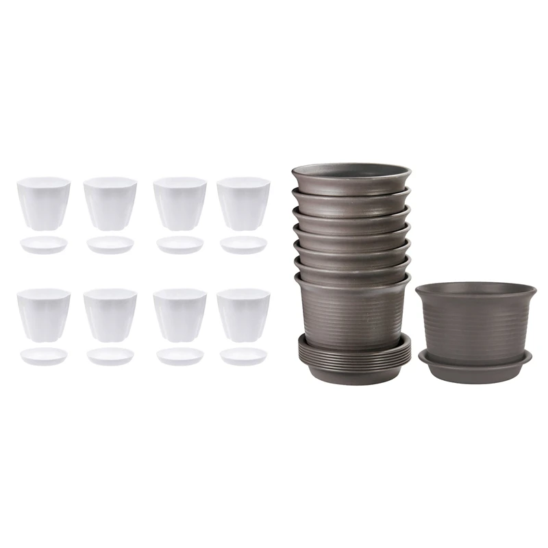 

16 Pcs Plastic Flower Plant Pots Seedlings Nursery Pot Planter With Saucer Pallet White & Gray Black