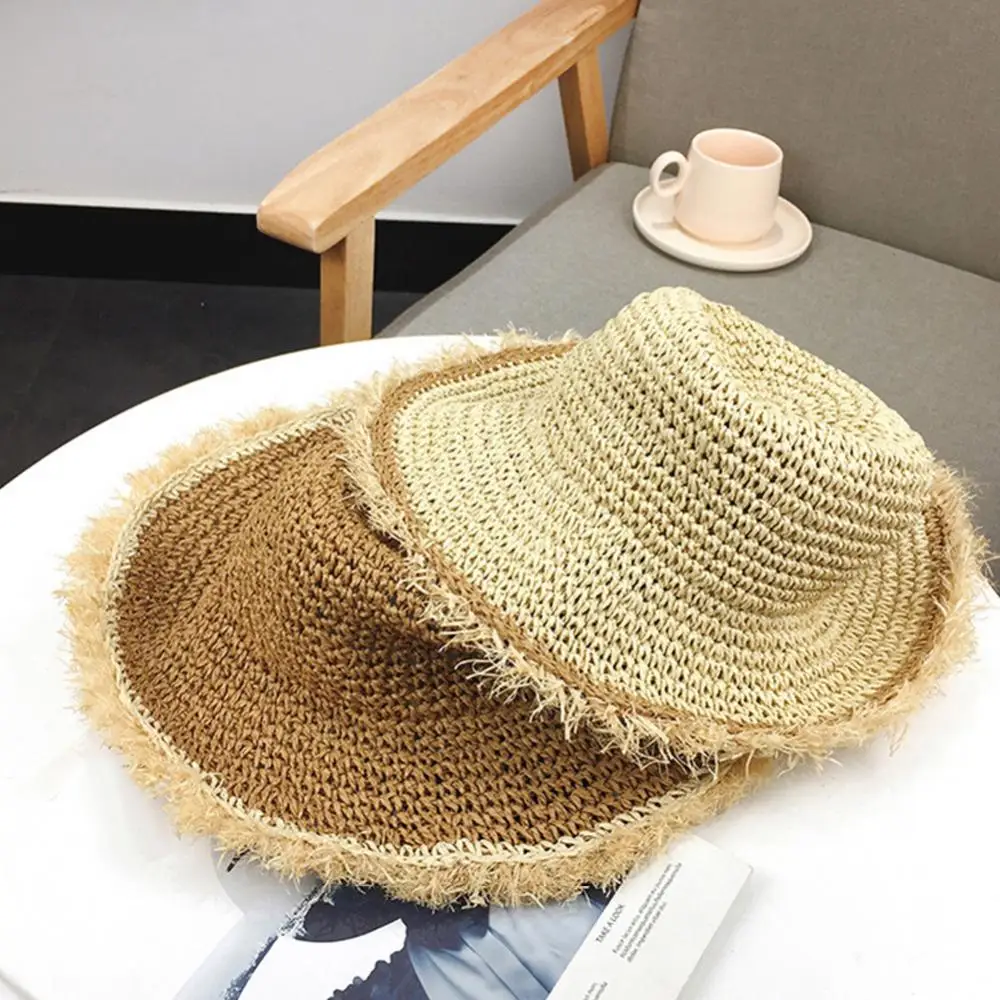 

Wide Cap Straw Hat Women Summer Crochet Knit Wavy Brim Sunscreen Beach Sunhat