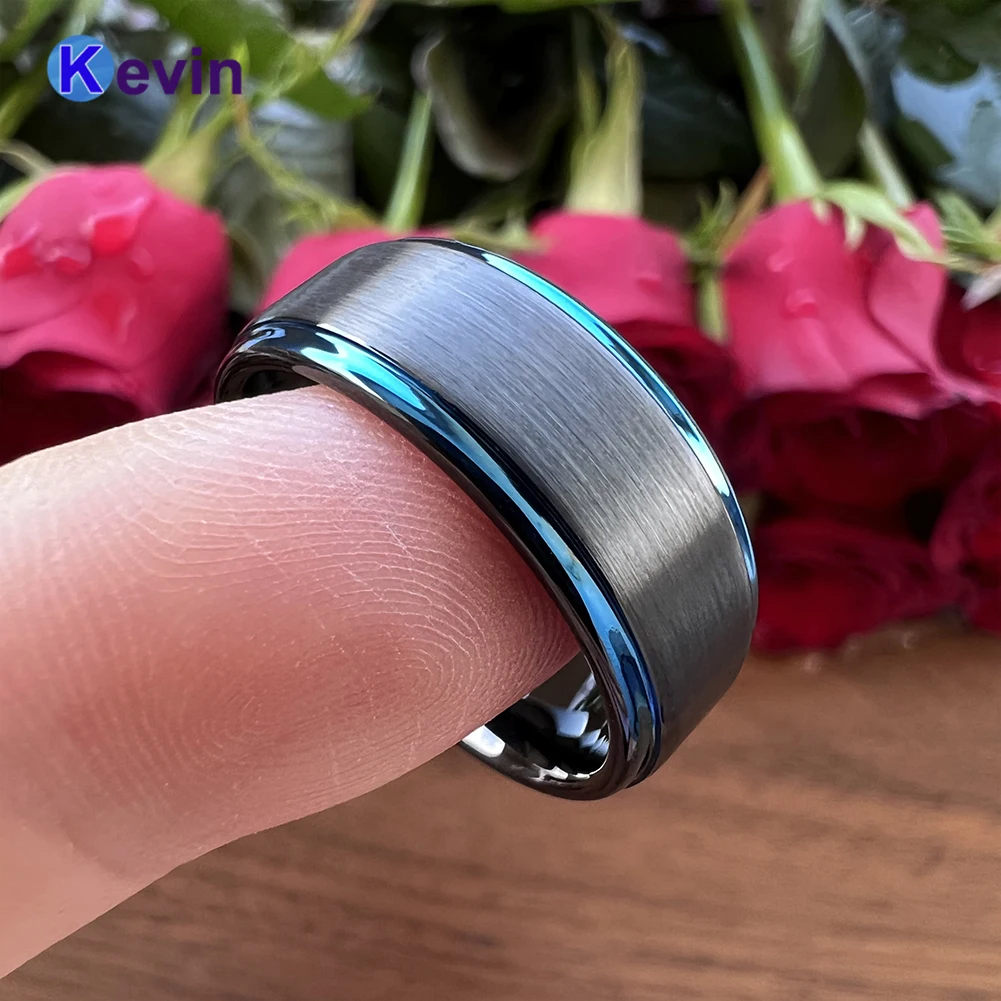 

Mens Womens Tungsten Carbide Rings Black Blue Wedding Band Fashion Jewelry Stepped Brushed Finish 8MM Comfort Fit