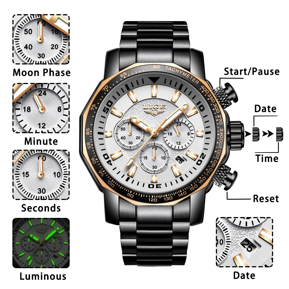 Часы наручные LIGE Мужские кварцевые с большим циферблатом спортивные брендовые