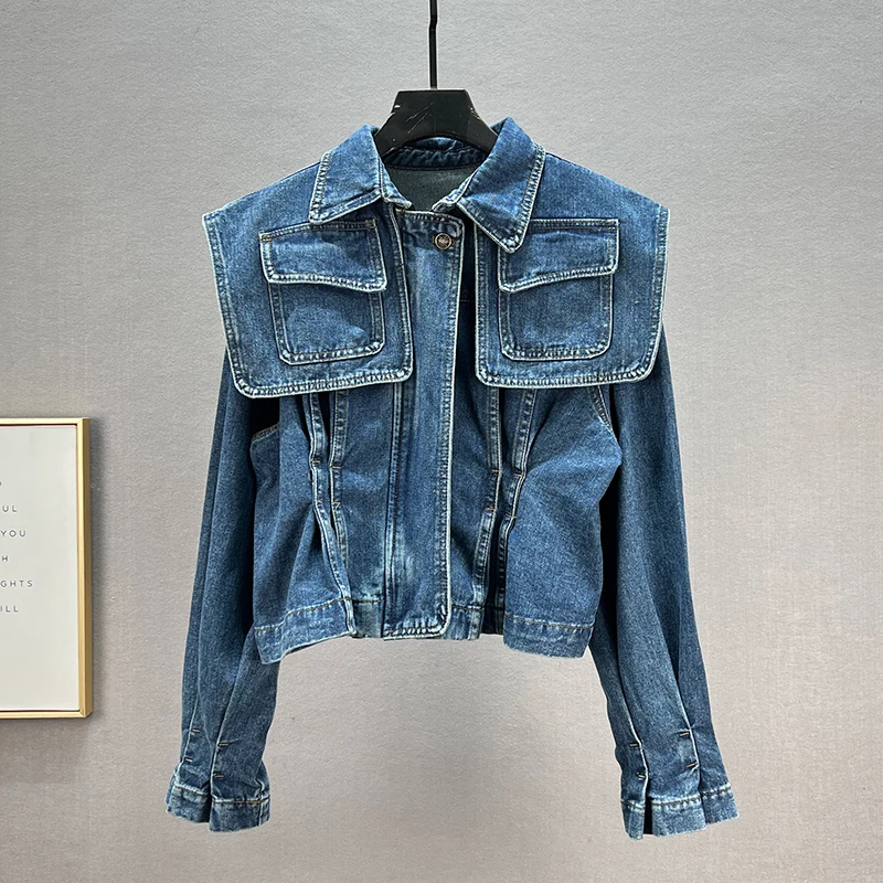 

Denim Jacket Women's 2022 Spring New Slim-Fit Versatile Dark Blue Long Sleeve Cape Cowboy Top Woman Jeans Coat Outwear Feminino