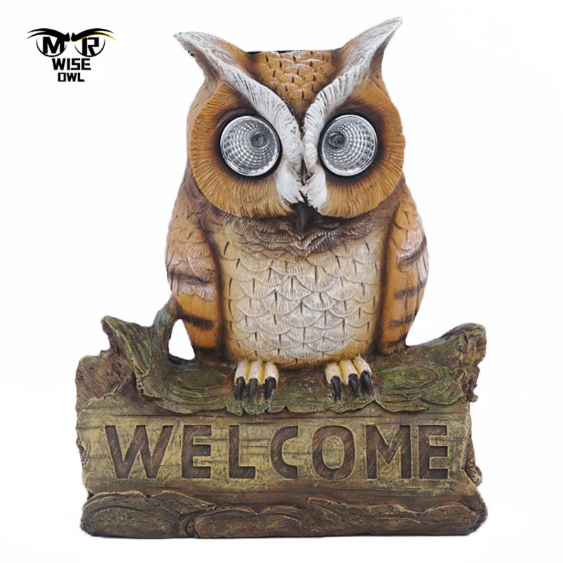 

Retro Resin Wall Hanging Welcome Owl Statues Solar Light Door Courtyard Decoration Figurines Garden Night Light