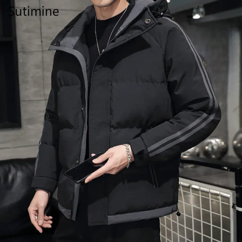 Coat Men Winter Korean Zipper Men Daily Casual Thickened Warm Cotton Padded Clothes Pockets Hooded Winter Coat Men Clothing