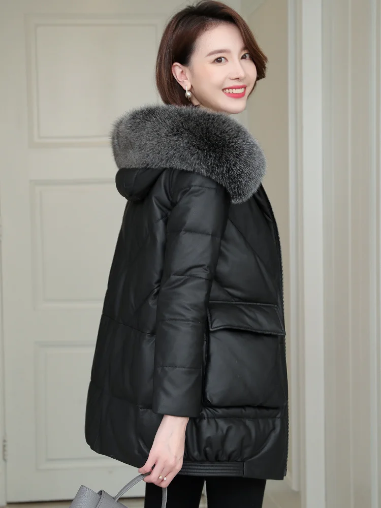

2023Leather jacket,Fox Fur Collar Hooded Coat Female 85%White Duck Down Women's Down Jacket Real Sheepskin Leather Jackets Women
