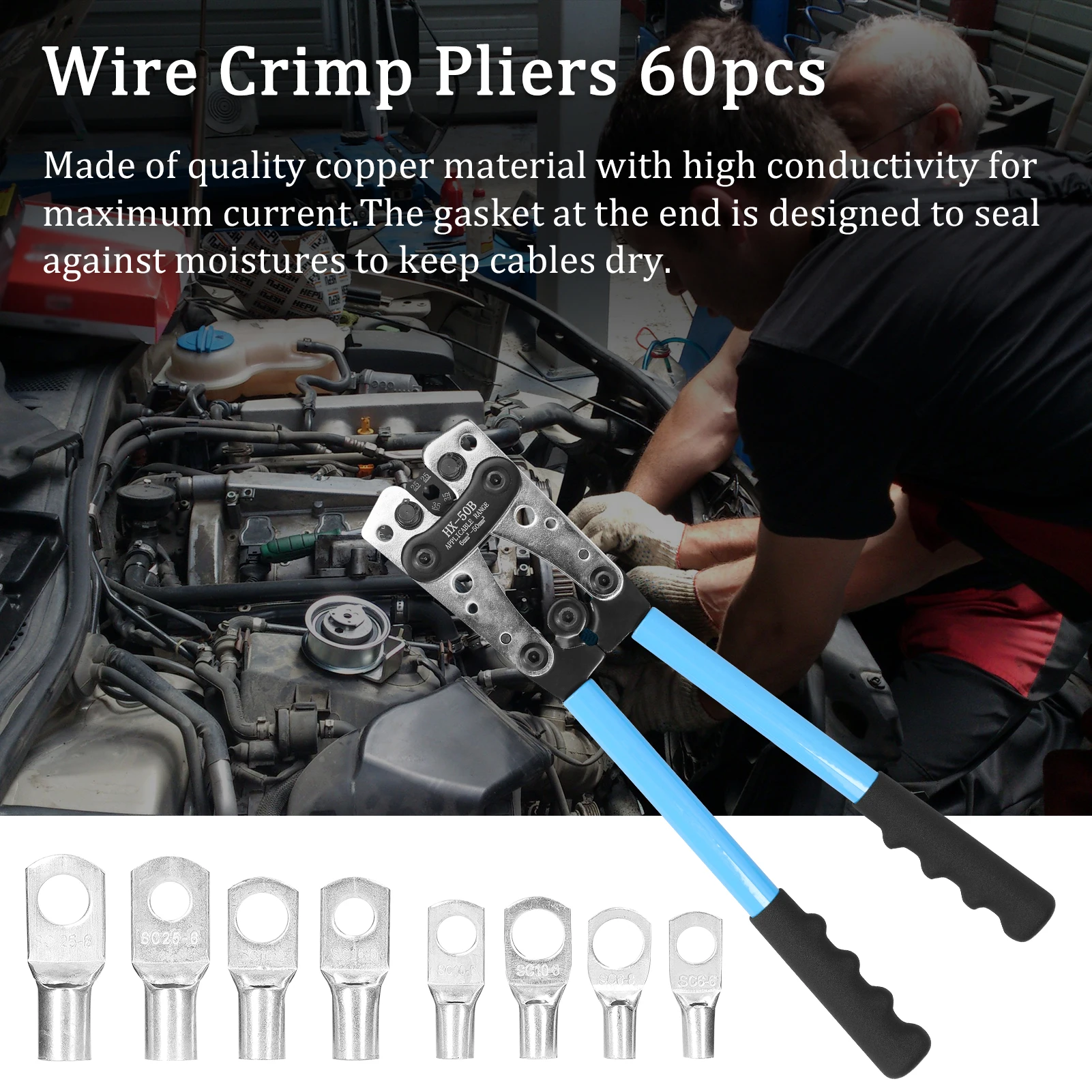 

60pcs Assortment Car Auto Copper Ring Terminal Wire Crimp Connector Bare Cable Battery Terminals Soldered Connectors Kit HX-50B