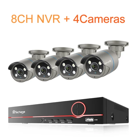 Комплект камер видеонаблюдения Techage, 8 каналов, 4 МП, POE, IP-камеры с датчиком лица и записью звука, комплект видеорегистратора H.265