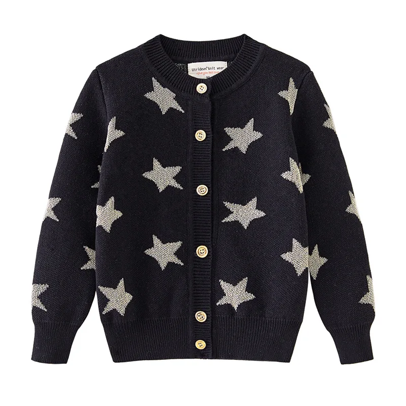 

2022 NEW Pentagram Jacquard Sweater Knitted Cardigan Jacket For Girl O-neck Single Breasted Spring and Autumn Children Outwear