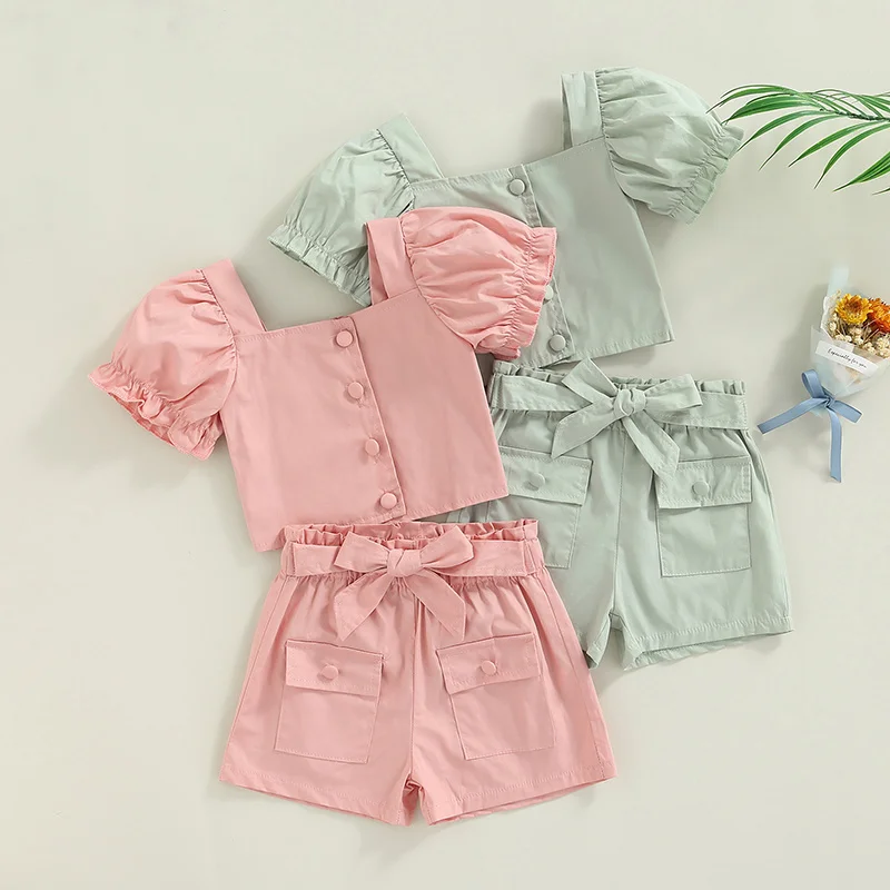 

1-6y Kids Girls Summer Clothes Sets Baby Puff Short Sleeve Square Neck Crop Tops + Pockets Short Pants Children Casual Outfits