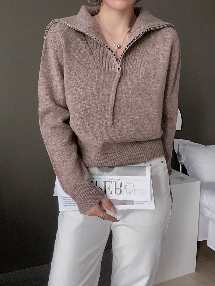 Пуловер женский из 100% мериносовой шерсти на молнии с отложным воротником