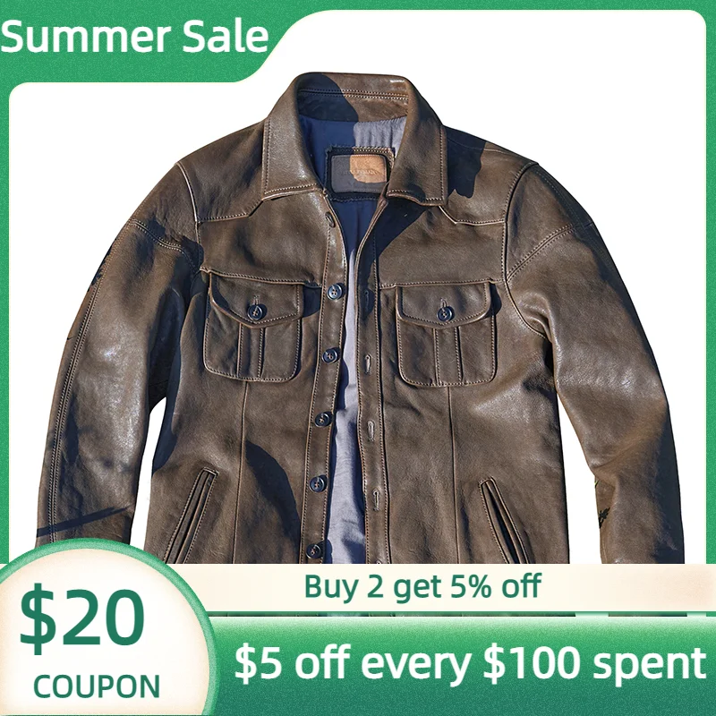 

Light Brown Men's Spring Jacket Japan Casual Style Plus Size 4XL Natural Sheepskin Shirt Autumn Slim Fit Genuine Leather Coats
