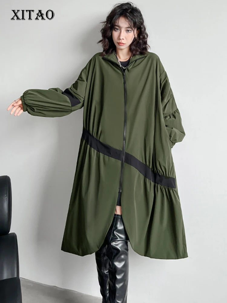 

XITAO Loose Casual Trench Full Sleeve Fashion Zippers Contrast Color Pleated Autumn Women New Street Trendy Trench LYD1337