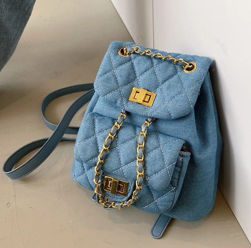 

Fashion Diamond women backpack small Chain design female Shoulder Bag Denim girls backpack Daypack bagpack ladies hand bag blue