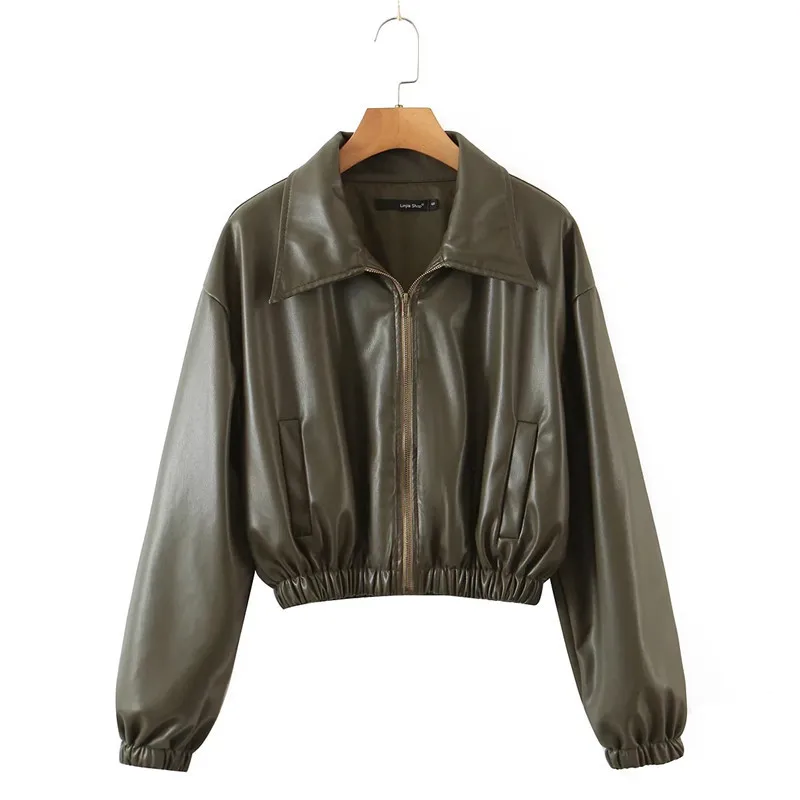 

2022 Spring Women Coffee-green Faux PU Leather Jacket Lapel Long Sleeve Zipper Female Biker Outwear Streetwear Casual Fashion