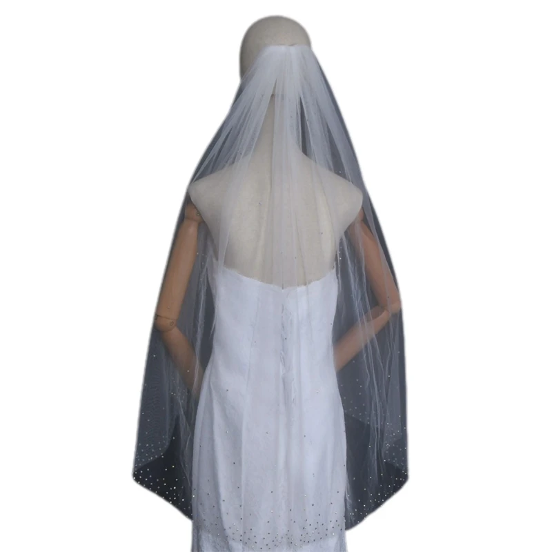 634D 1 яруса Свадебная Фата с расческой вырезами по краям блестящими Стразы Тюлевая