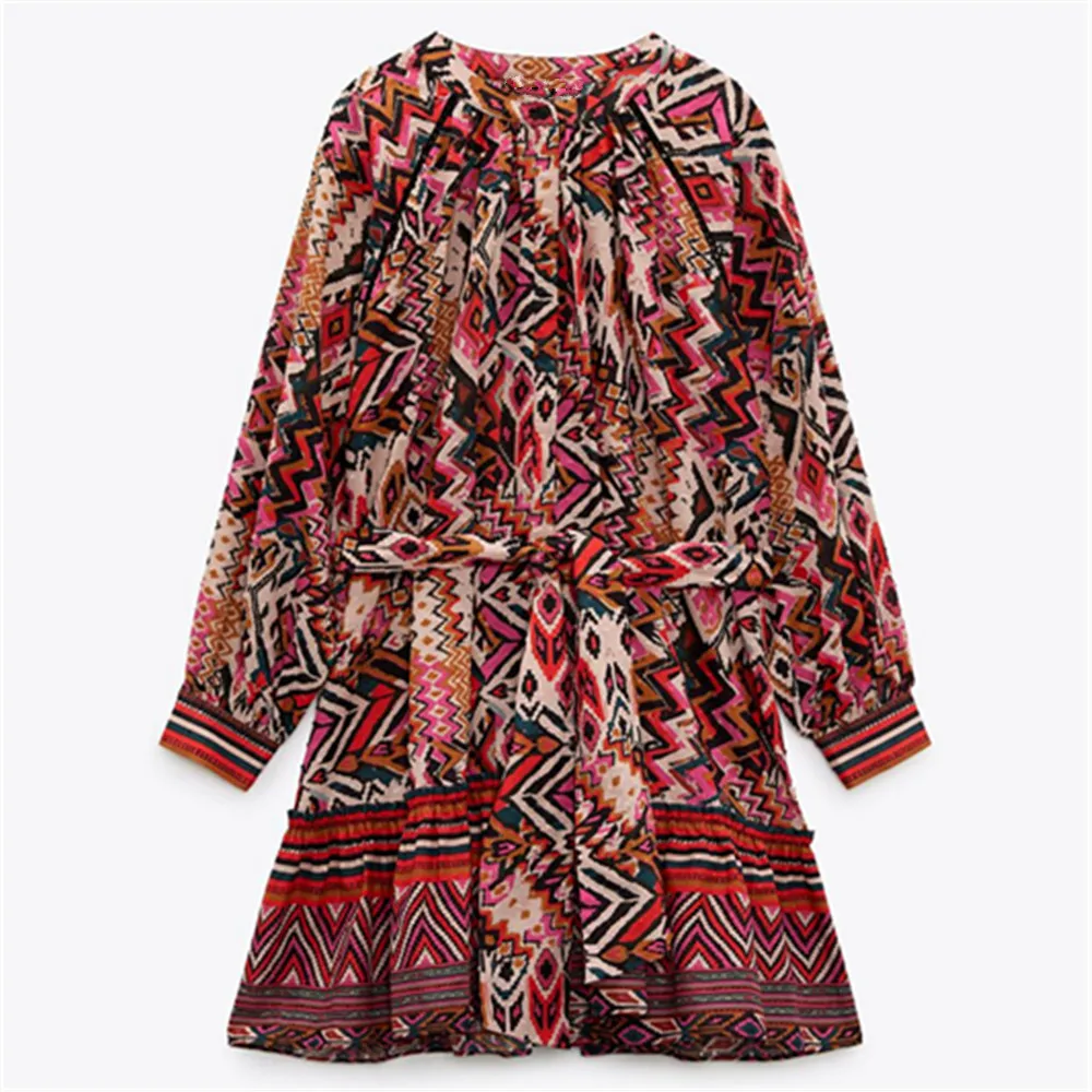 

PB&ZA spring and summer new women's retro ethnic style round neck long-sleeved belted short dress with stacked hem 0034/042
