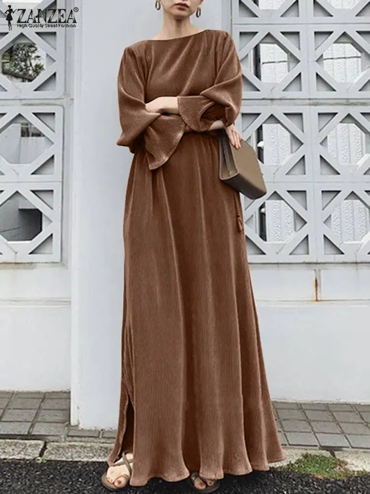 

Women Fashion Pleated Party Dresses Vestido ZANZEA 2022 Spring Long Sleeve Maxi Dress Casual Lady Solid A-line Oversize Sundress