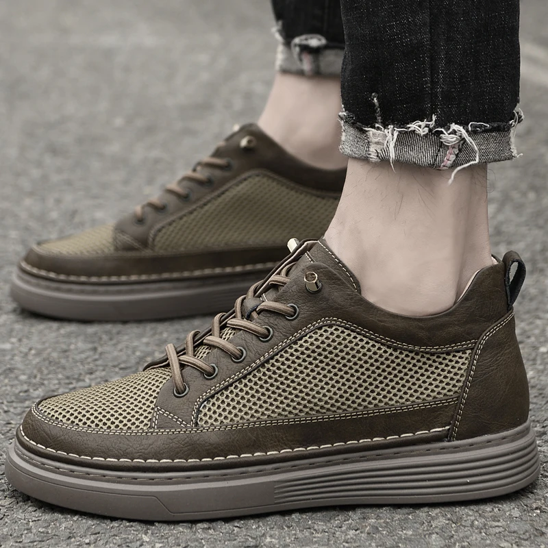 

Мужские летние кожаные туфли с вырезами, Повседневные Дышащие высокие берцы и обувь для подъема 6 см, нескользящая спортивная обувь, оксфорды