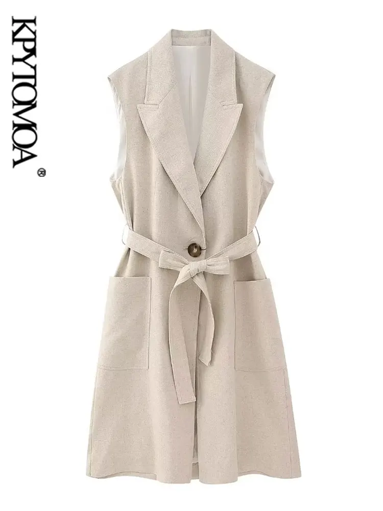 

KPYTOMOA Women Fashion With Belt Linen Long Waistcoat Vintage Sleeveless Front Button Female Outerwear Chic Vest Clothing