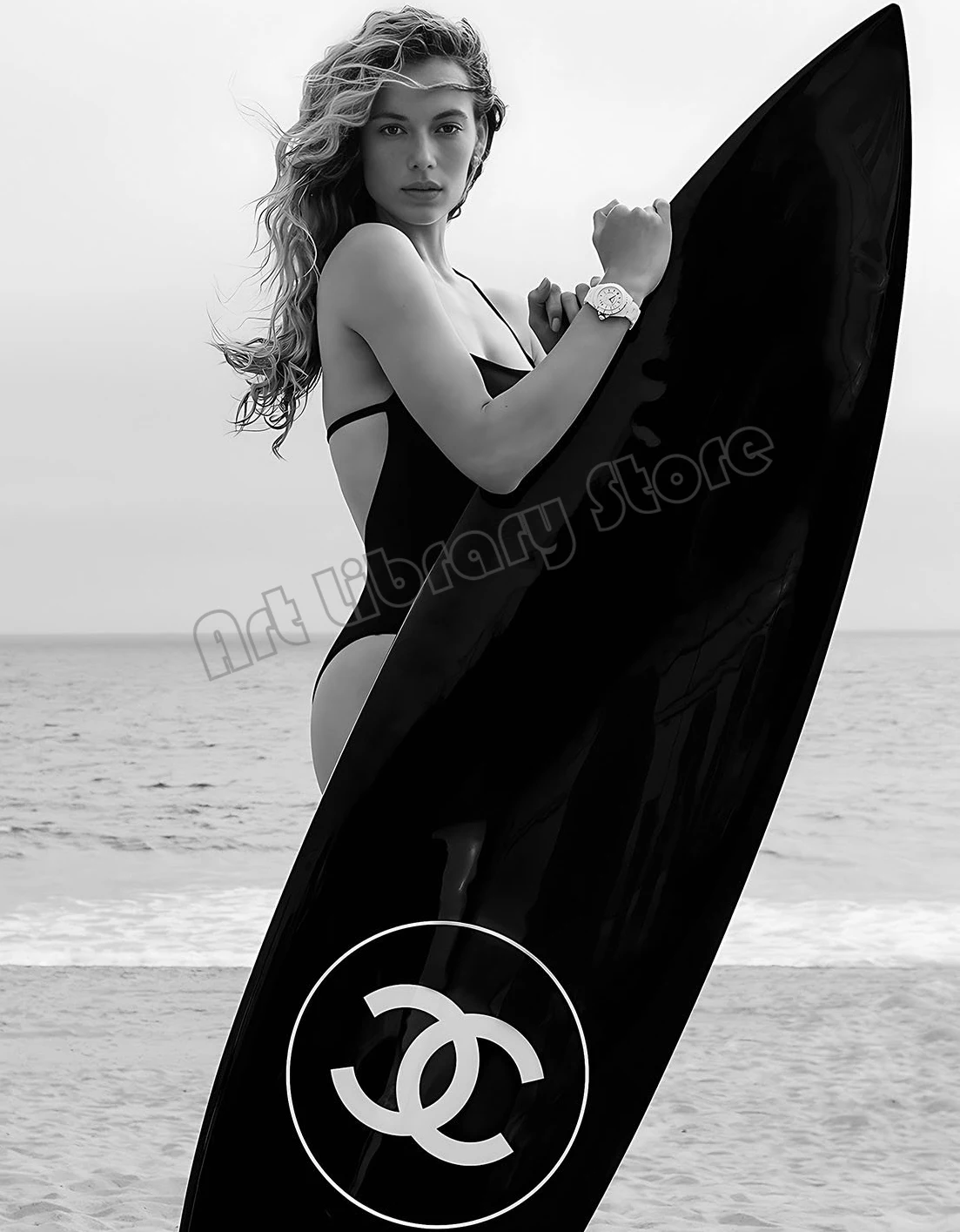 

Черно-белая пляжная доска для серфинга, Гавайская девушка, холст