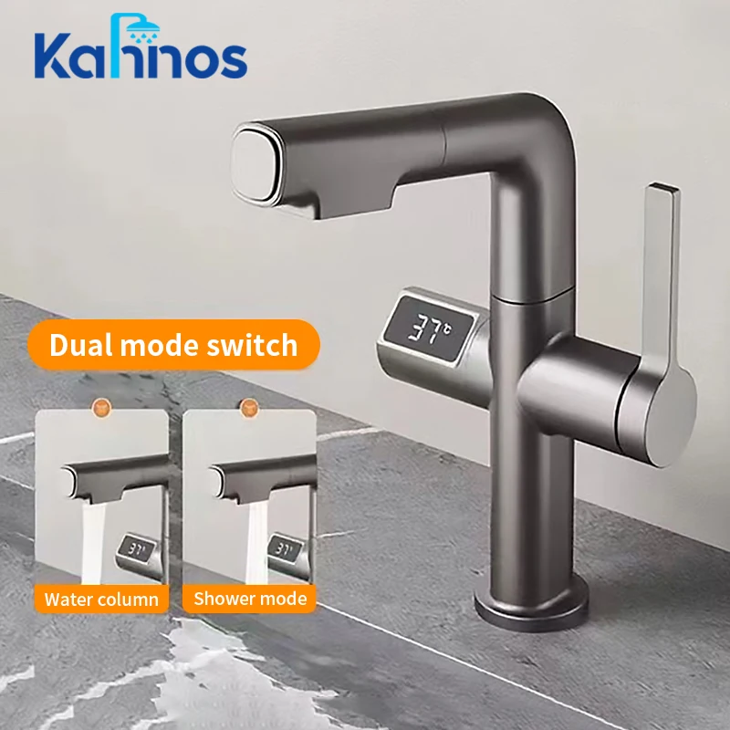 

Pull out Basin Tap Digital Display Bathroom Basin Faucet Hot Cold Kitchen Faucet Brass Deck Lift Up and down Water Mixer