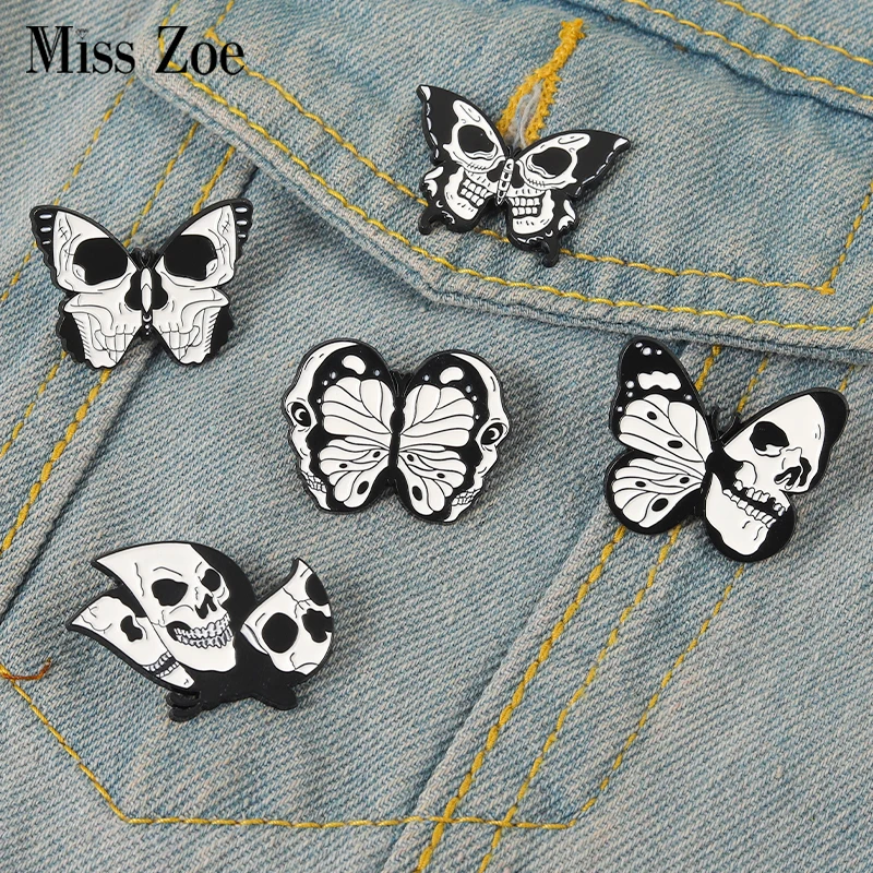 

Punk Butterfly Enamel Pins Custom Skeleton Moth Brooches Lapel Badges Black Gothic Insect Jewelry Gift for Kids Friends