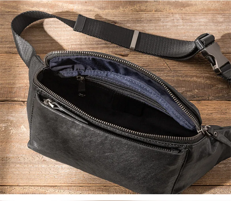 Vintage fashion first layer cowhide men's black messenger bag daily outdoor sports summer light hot sale soft cowhide chest bag