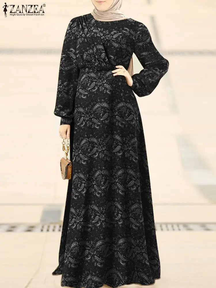 

ZANZEA Spring Vintage Abaya Hijab Dress Women Long Sleeve Muslim Ramadan Sundress Bohemian Floral Print Maxi Long Holiday Dress