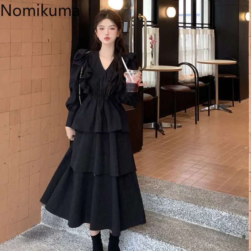 

Платье Nomikuma женское с пышными рукавами, V-образным вырезом и оборками, в стиле пэчворк, винтажное, модное, элегантное, повседневное, длинное