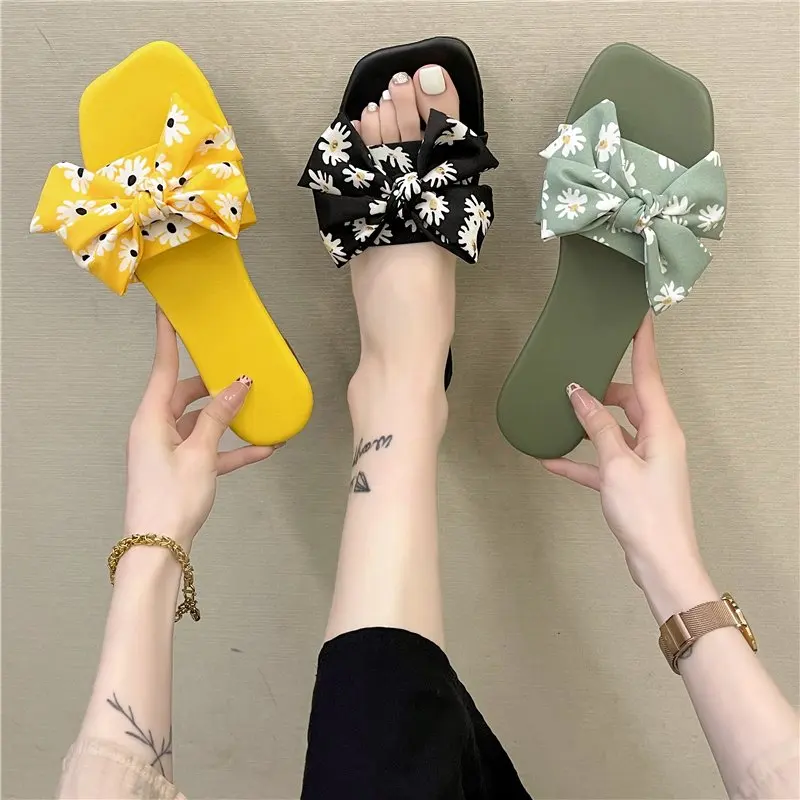 

Women Summer New Bow Sandals Slippers Female Square Heel Sandal Ladies Casual Soft Bottom Flat Slides