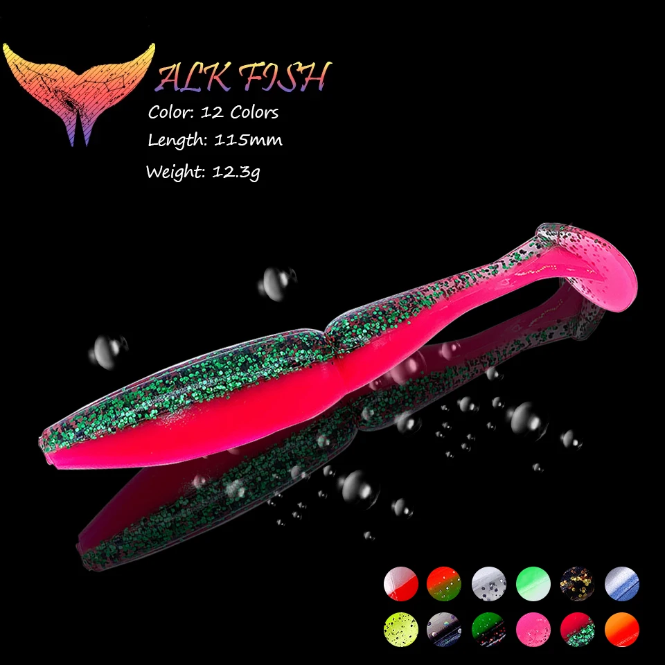 

WALK FISH 1Pcs 115mm/12.3g Fishing Soft Lures T-tail Soft Lure Wobbler Artificial Silicone Double Color Bait Bass Pike Tackle