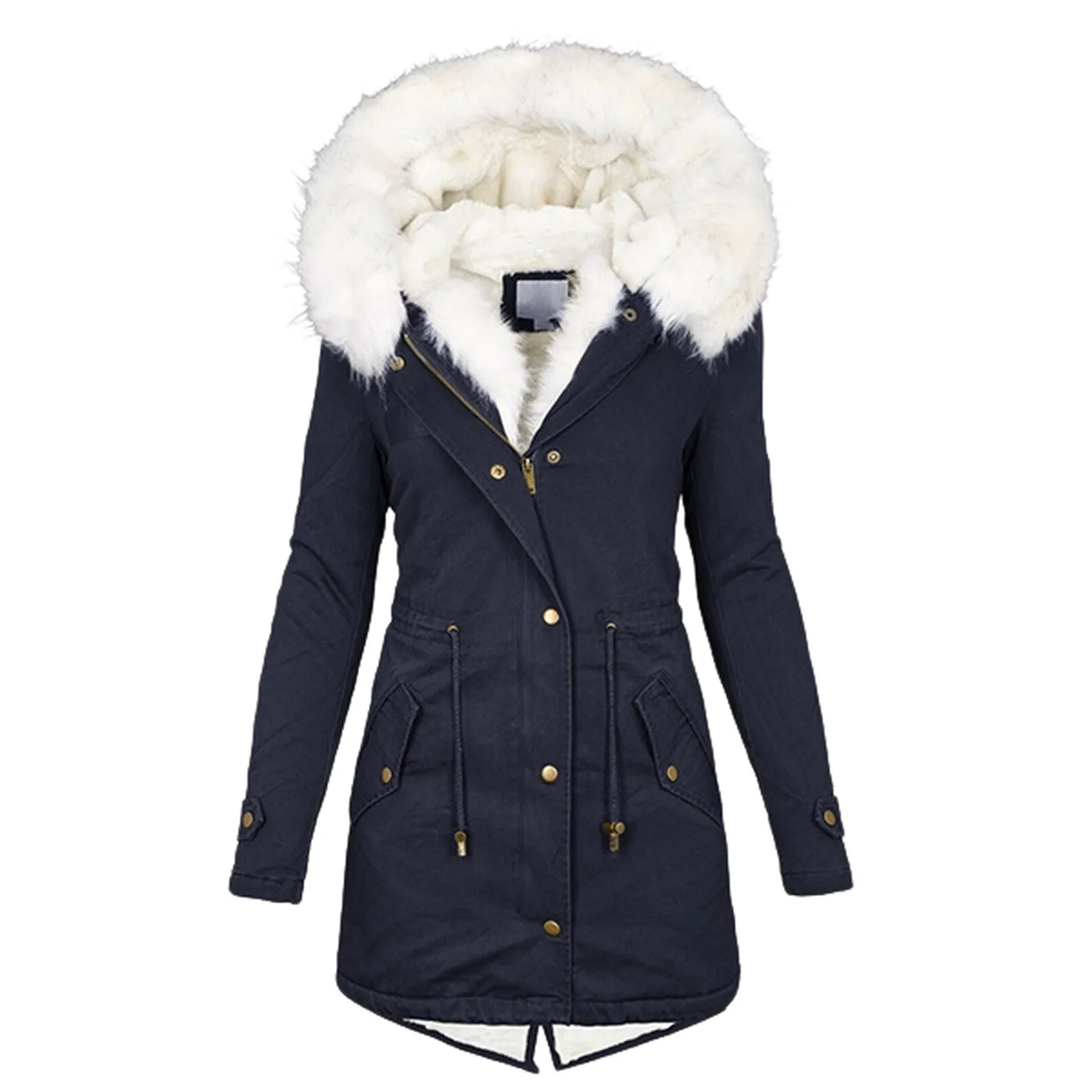 European and American autumn and winter mid-length cotton coat windbreaker white fur collar hooded warm fleece women's clothing
