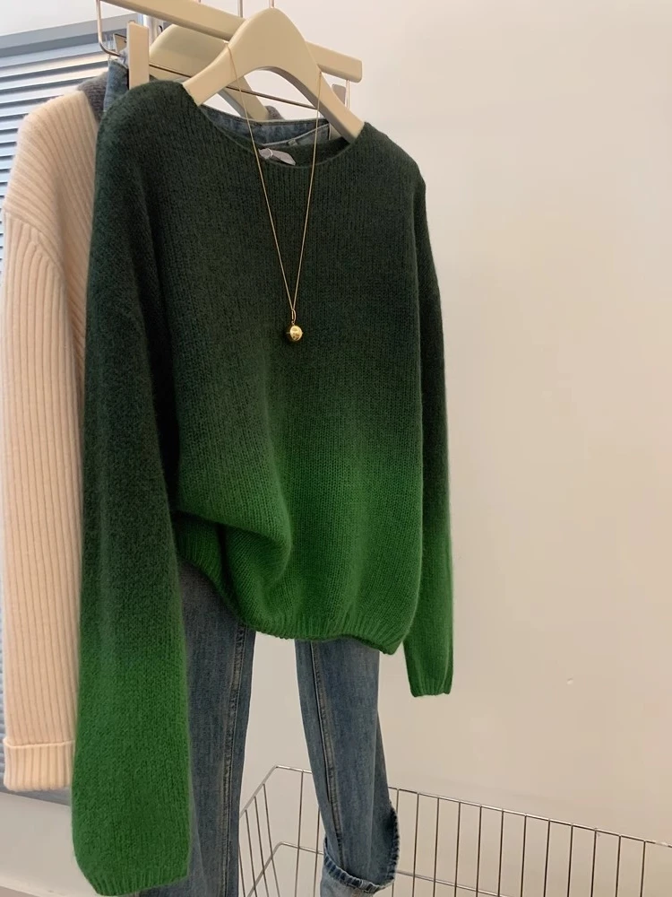 Градиентный зеленый пуловер в стиле ретро свободный мягкий клейкий свитер для