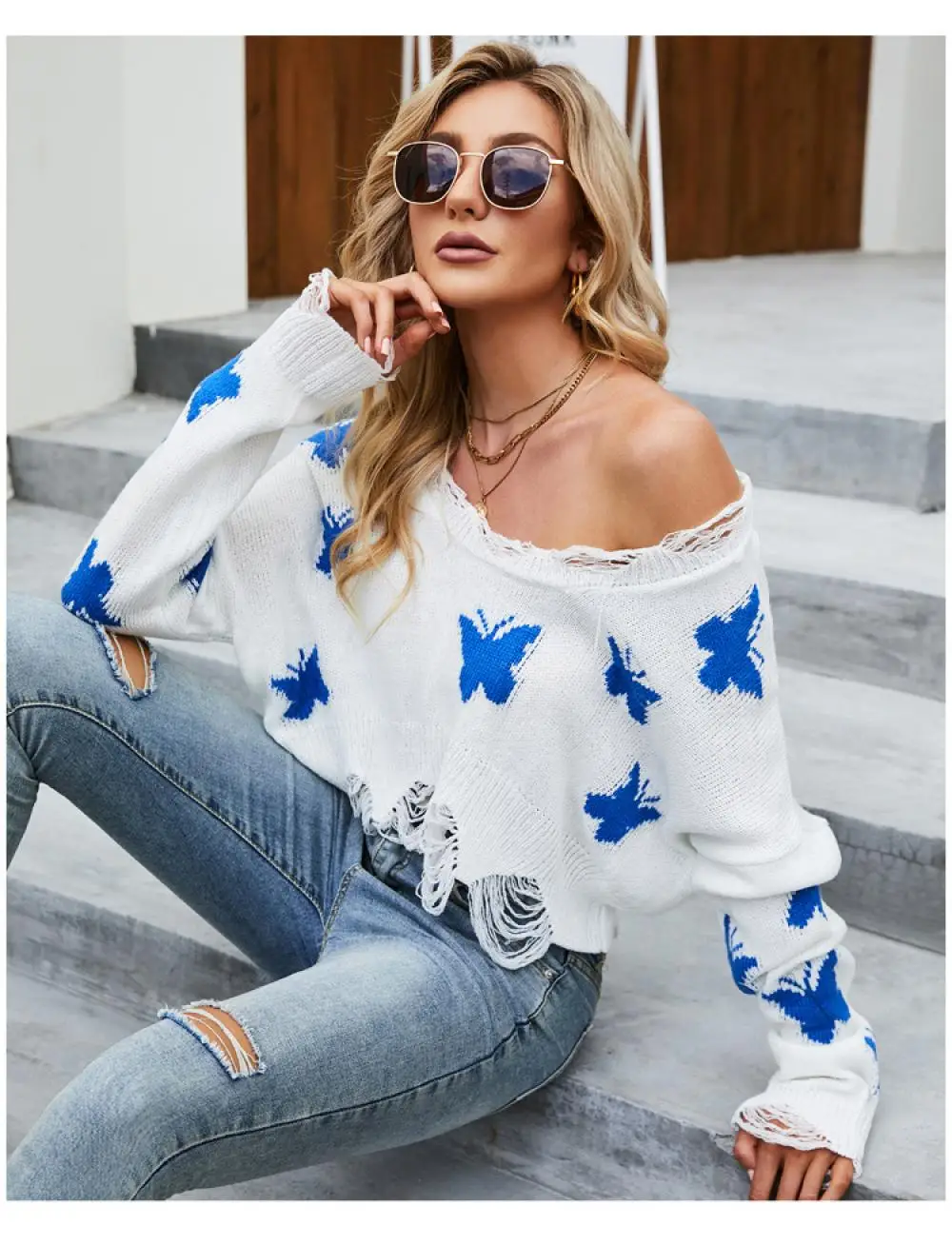 

Women Sweater Blue Butterfly Print Sexy Crop Short Top Long Sleeves V Neck Pullover Autumn Winter Fashion Boho Women Knit Coat