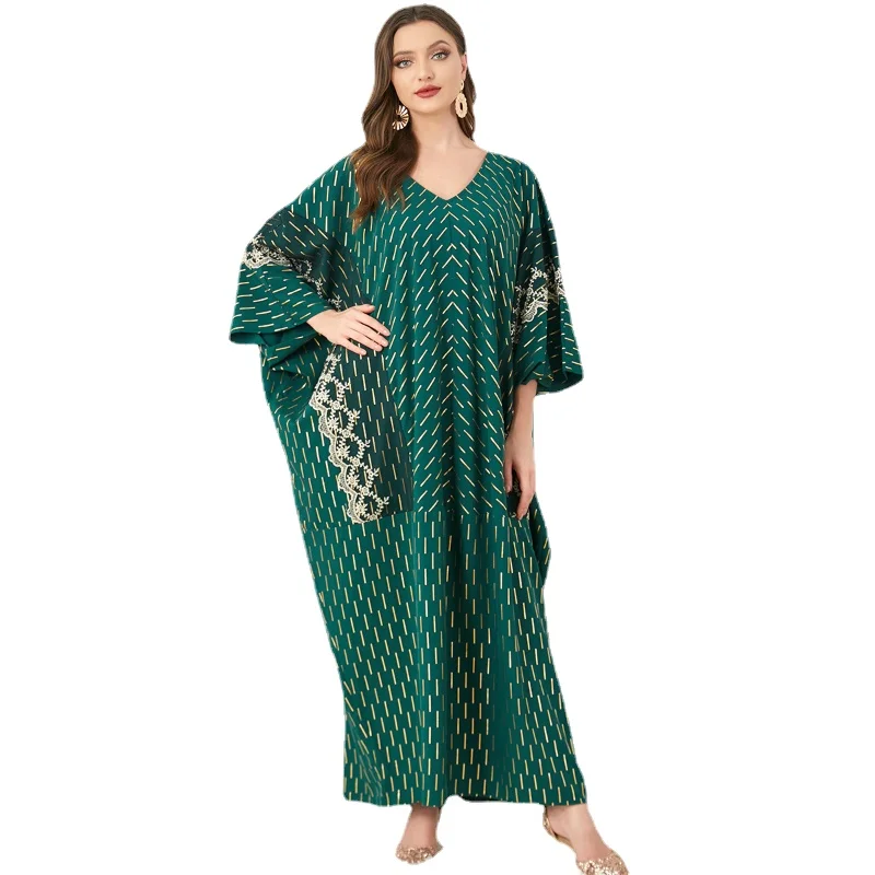 Clothes for Muslim Women 2023 Summer Muslim Women Fashion Long Sleeve V-neck Green Polyester Printing Long Abaya Muslim Dress