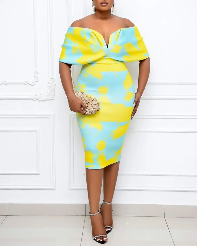 

Sexy Printed Bateau Party Dress For Women Off-Shoulder Backless Sleeveless Female Clothes Yellow Black Bodycon Midi Prom Dresses