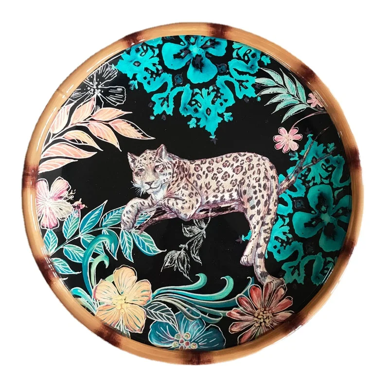 

High grade bone china American exotic jungle leopard ceramic double ear American style retro Western style dining plate tray