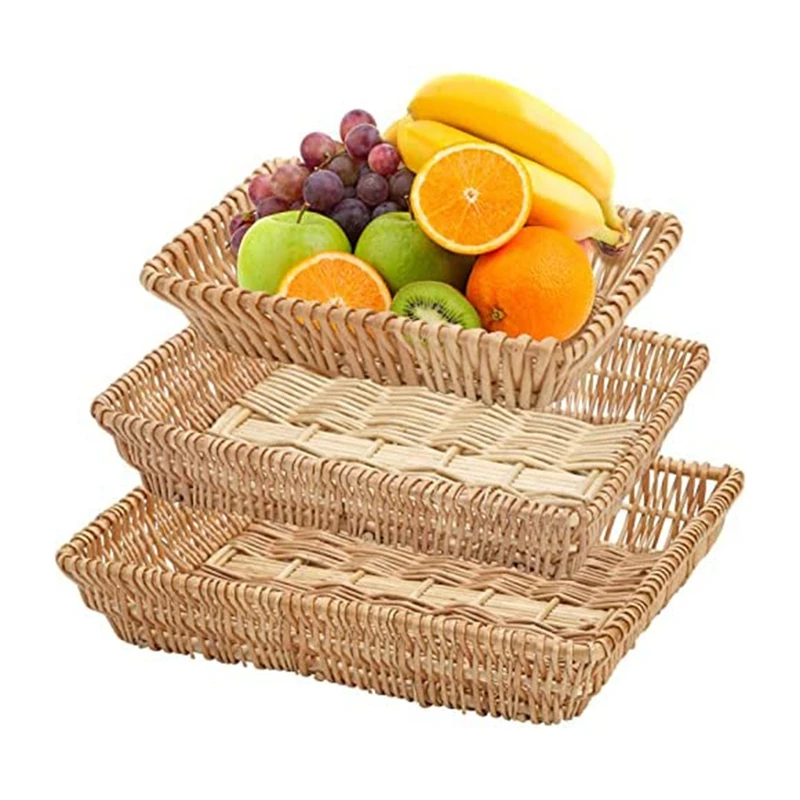 

3 Pack Rectangular Woven Fruit Baskets,Wicker Bread Basket Serving Trays Rattan Storage Baskets,For Snacks,Fruits,Etc