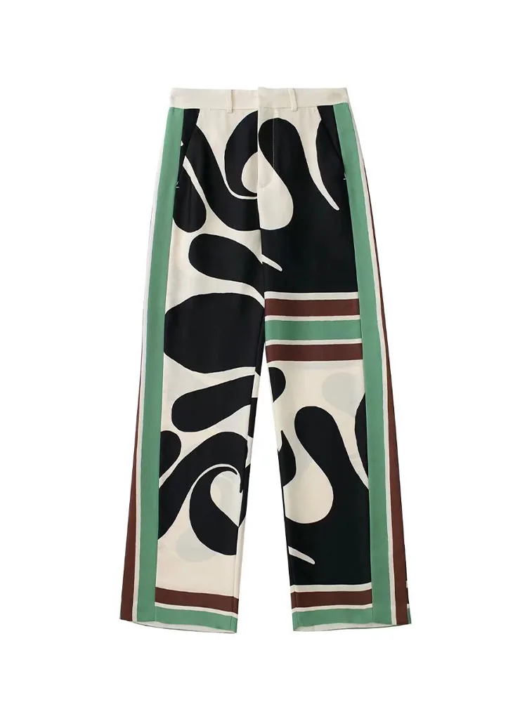 

Women 2022 Autumn New Fashion Printed wide tube Pants Vintage High Waist side pocket Zipper Fly Female Trousers Mujer