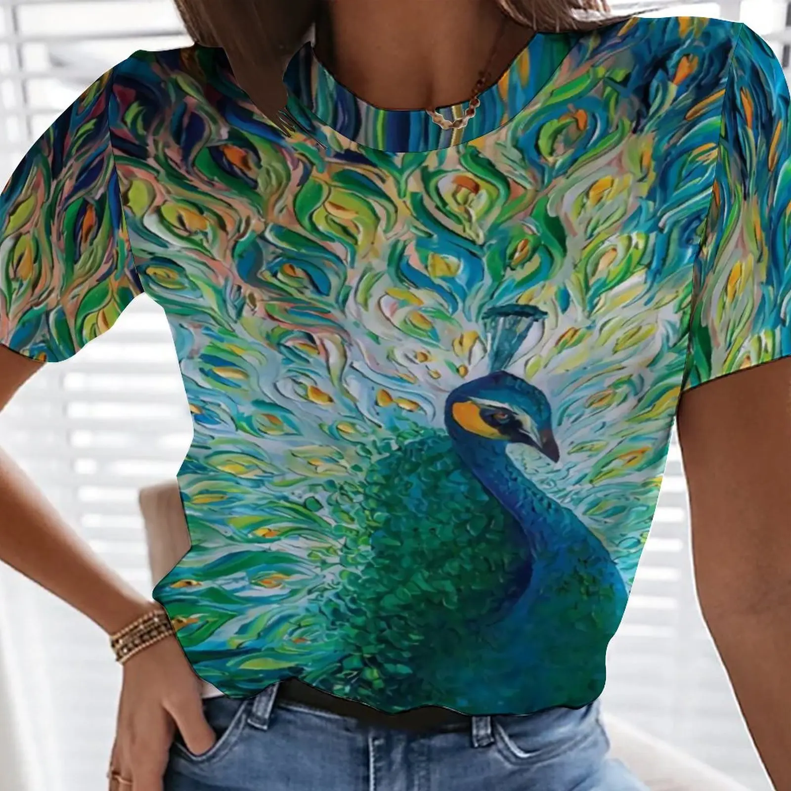 

Summer 2022 new 3D digital peacock print T-shirt women's cartoon T-shirt fashion breathable T-shirt