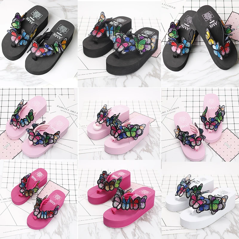 

SYNXDN 6cm Wedges Heels Fabric Butterfly Woman Flip Flops Beach Slides For Femalr Platform Summer Sandals Zapatos Mujer 34-42