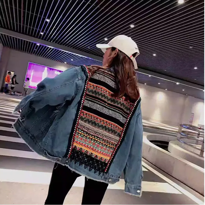 Женская джинсовая куртка в стиле бохо винтажное пальто с цветочной аппликацией и