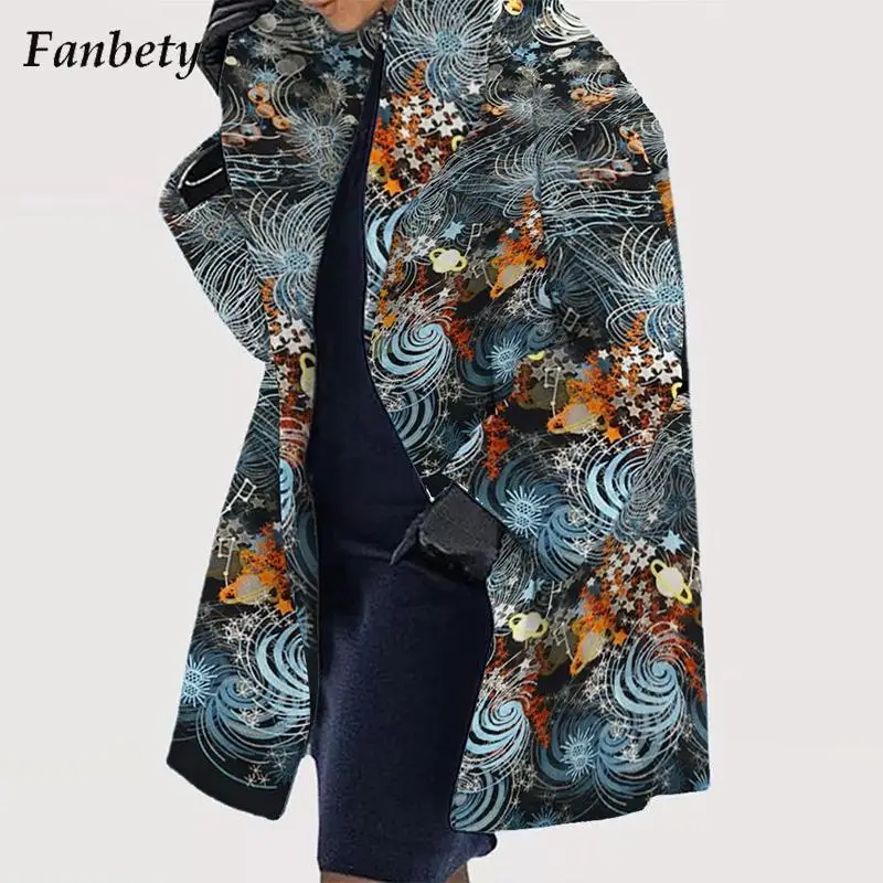 

Women Elegant Pattern Print Coat Autumn Winter Casual Button Long Coat Cardigan Fashion Turndown Collar Long Sleeve Warm Coat