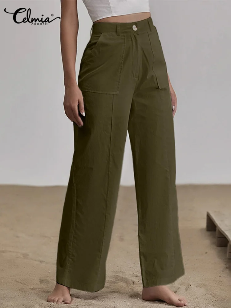 

Celmia Elegant Women Thin Pants Baggy Pockets Summer High Waist Pantalon Fashion Oversized Solid Color Casual Straight Pant