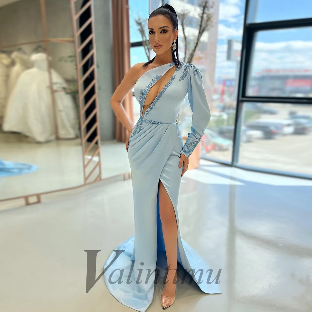 

Modern Sexy Aqua Blue Beading Side Slit Appliques Evening Dress One-Shoulder Made To Order Vestidos Robes De Soirée Formal Prom