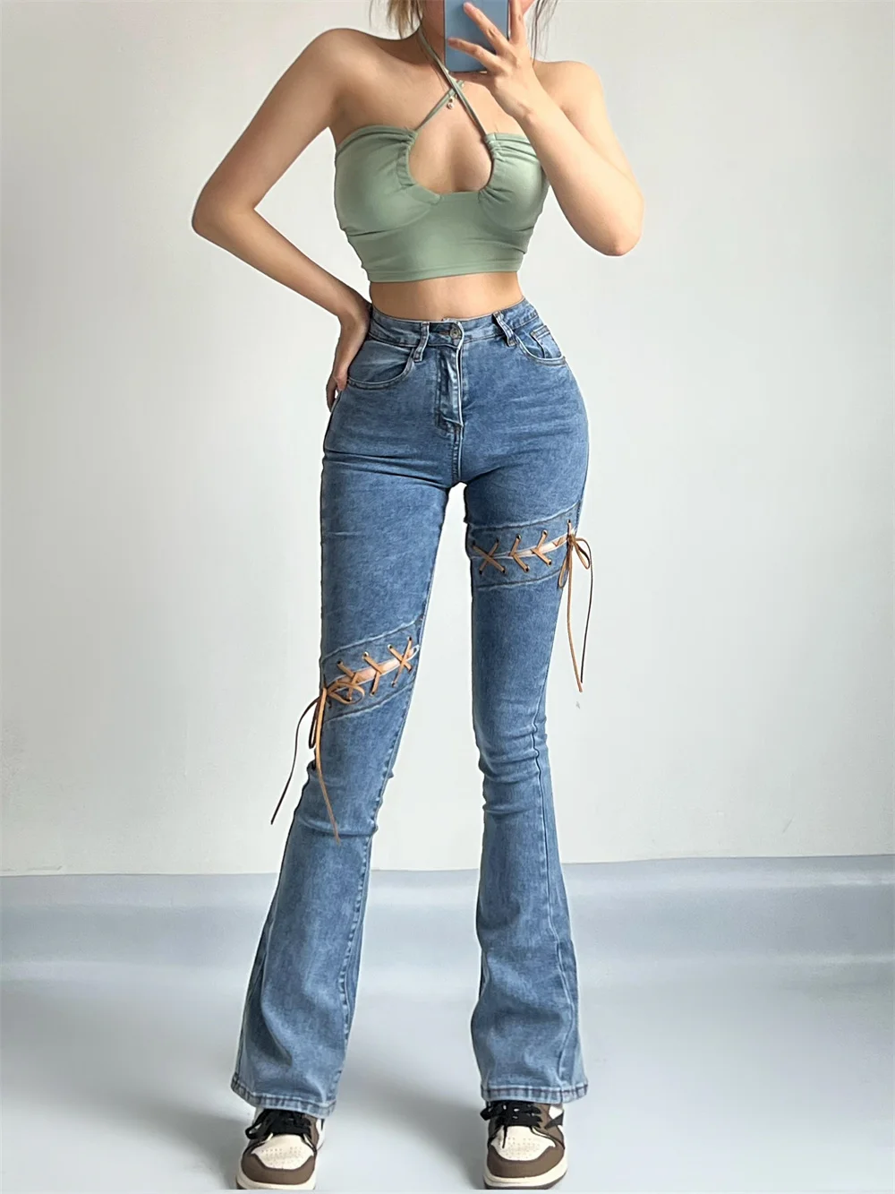 

Женские джинсовые брюки-клеш TVVOVVIN, Однотонные эластичные брюки-клеш из денима в стиле ретро с узкой талией, с прострочкой и шнуровкой, GB6S, летняя одежда