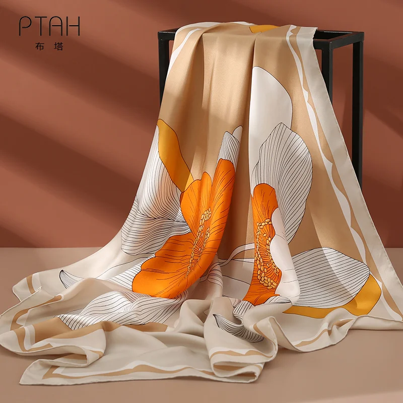 

[PTAH] 14M/M Scarf 100% Mulberry Silk Scarf Ladies Temperament Scarves Printed Big Square Scarves Ladies High Quality 90*90cm