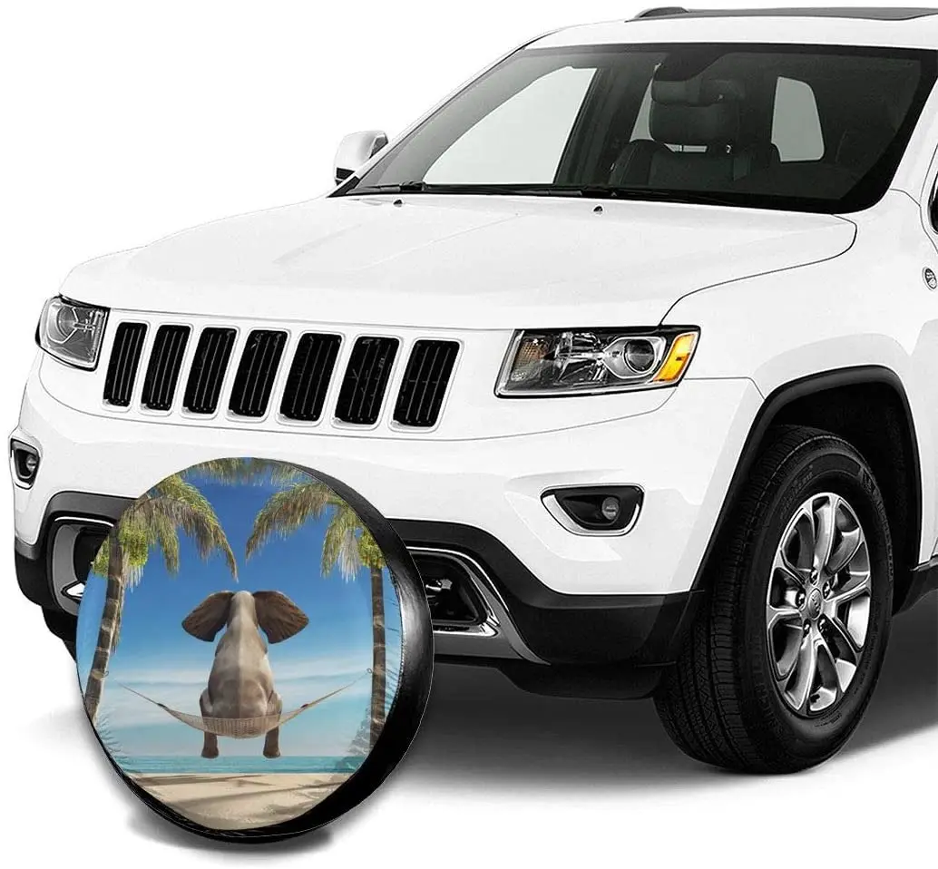 Забавный слон на тропическом пляже с пальмовым деревом запасной чехол для шин