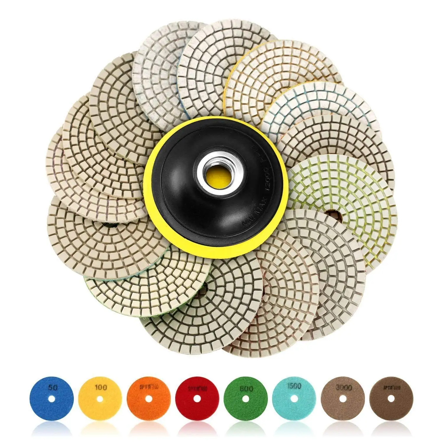 

SPTA 15Pcs 4 Inch 100mm Diamond Polishing Pads Kit Wet/Dry 50#-6000# for Granite Stone Concrete Marble Floor Sander Polishing